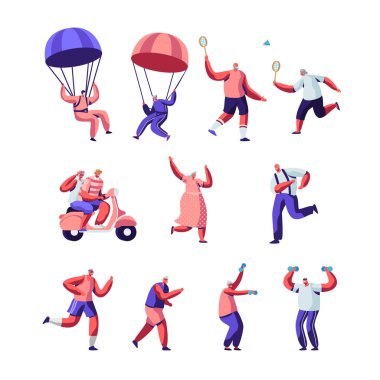 Kıdemli Insanlar spor aktivite ve sağlıklı Lifestyle ayarlayın. Sporda yaşlı Insanlar egzersiz yapma giyim açık hava, jogging, skydiving, birlikte badminton oynamak. Karikatür daire vektör Illüstrasyon