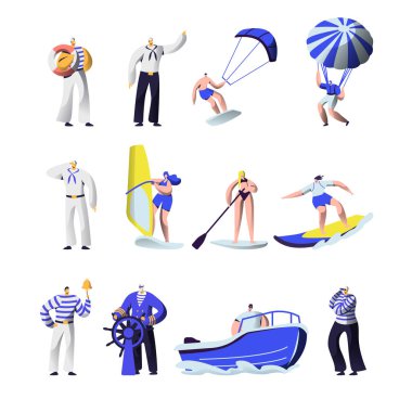 Yaz Saati Ekstrem Sporlar ve Deniz Meslekler Seti. Gemi Mürettebat Üniforma, Kaptan, Denizciler, Sörf, Sup Board, Yamaç Paraşütü, Motorlu Tekne Sürme, Yelken, Tatil, Eğlence Karikatür Düz Vektör İllüstrasyon