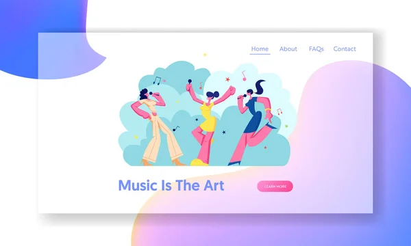 Happy Female Characters Cheerfully Singing in Karaoke Club, Excited Young Girls with Microphones Performing Music Show, Leisure Website Landing Page, Web Page (dalam bahasa Inggris). Ilustrasi Vektor Flat Kartun, Banner - Stok Vektor