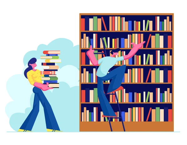 Woman and Man in Library Reading and Searching Books. Young People, Students, Spend Time in Athenaeum Room with Bookshelf and Ladder, Characters in Literature Storage. Cartoon Flat Vector Illustration — Stock Vector