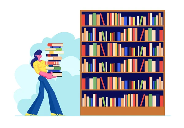 Woman Carry Big Heap of Book to Bookshelf in Public or Home Library Student Spend Time in Athenaeum or Archive Room with Bookcase, Character in Literature Storage. Cartoon Flat Vector Illustration — Stock Vector