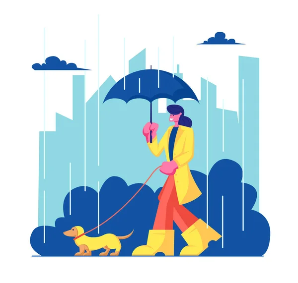 Mujer personaje en capa y botas caminando con perro en el tiempo lluvioso en el parque de la ciudad. Chica pasar tiempo con mascotas al aire libre. Relájate, Ocio, Comunicación con Animales. Dibujos animados plana Vector Ilustración — Vector de stock