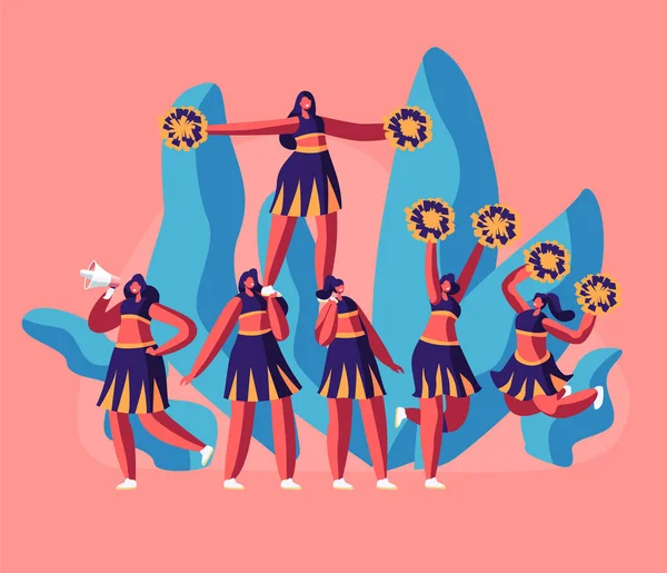 Cheerleaders team i uniform gör Pyramid på Football stadium händelse eller sport tävling. Elev flickor karaktärer som utför Dans för att stödja idrottsmän på College. Tecknad platt vektor illustration — Stock vektor