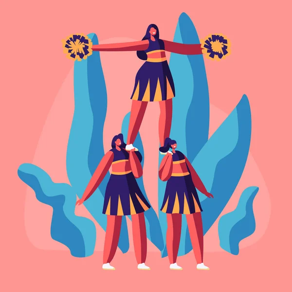 Equipo de animadoras en uniforme con pompones en manos haciendo pirámide en evento deportivo universitario o competición. Estudiantes realizan danza para apoyar a deportistas en la universidad. Dibujos animados plana Vector Ilustración — Vector de stock