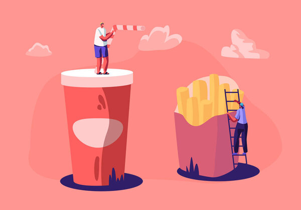 Tiny Male and Female Characters Interacting with Huge French Fries and Cup with Soda Drink. People Eating Street Fast Food in Cafe, Junk Meal, Unhealthy Nutrition Cartoon Flat Vector Illustration