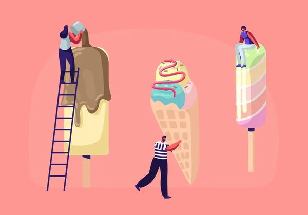 Pequeños personajes en las escaleras decoran helado con tope y chocolate. Comida de verano, delicioso postre dulce, trato frío. Diferentes tipos de helado de paleta. Dibujos animados plana Vector Ilustración — Archivo Imágenes Vectoriales