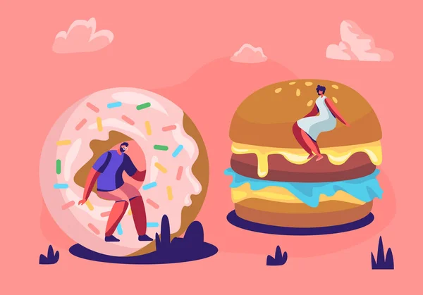 Kleine mensen eten Fast Food genieten van outdoor festival, straatfeest, stad Fest, fastfood Festival. Mannelijke en vrouwelijke personages interactie met enorme hamburger en donut, cartoon platte vector illustratie — Stockvector