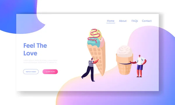 Pequeños personajes con un enorme helado en un cono de gofre decorado con espolvoreo y tope, deliciosa página de aterrizaje del sitio web de postres dulces de verano, página web Treat. Ilustración plana del vector de la historieta, bandera — Archivo Imágenes Vectoriales