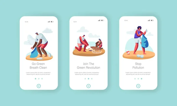 Pessoas voluntárias limpando lixo na área da praia e salvando torturas App Mobile Page Onboard Screen Set, as pessoas coletam lixo na costa conceito para site ou página da web, Cartoon Flat Vector Ilustração —  Vetores de Stock