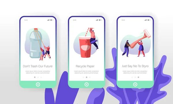 Emberek betűk használ műanyag dolog fogalom részére website vagy pókháló oldal. Vizes palack, Drink kupa, borotválkozó gép, termékek fogyasztása Mobile App oldal alaplapi Screen set Cartoon sík Vector illusztráció — Stock Vector