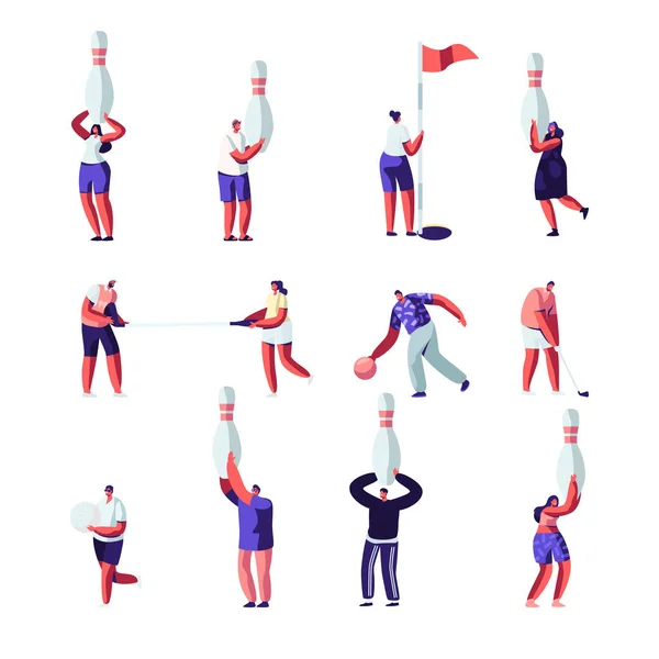 Mensen spelen golf en bowling set. Zomer buiten en binnenshuis leuke activiteit, gezonde levensstijl. Personages met sportuitrusting. Vrije tijd, weekend, Sparetime. Cartoon platte vector illustratie — Stockvector