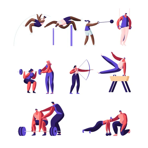 Conjunto de actividades deportivas profesionales. Entrenamiento de personajes deportivos masculinos y femeninos. Salto alto, Caballo de bóveda, salto de poste, tiro de núcleo, tiro al arco, ejercicios de gimnasia Dibujos animados Vector plano Ilustración — Archivo Imágenes Vectoriales