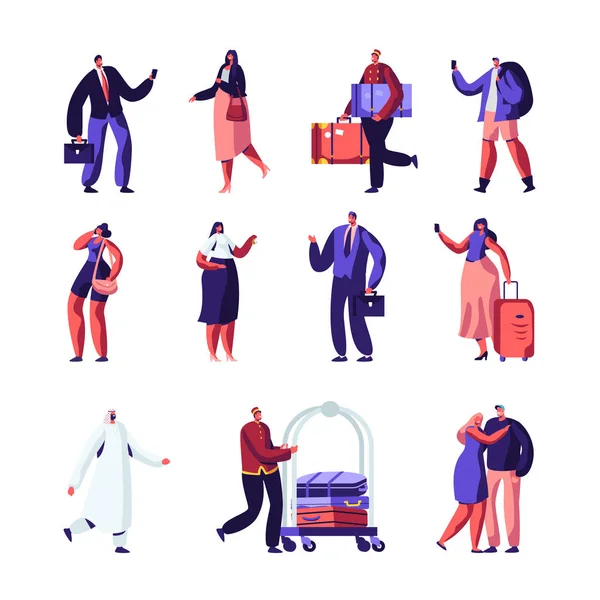 Hotel Staff e Ospiti Set. Imprenditore, Receptionist, Impiegato Meeting Lodgers, Arabo Clienti Europei, Portiere con Carrello per Bagagli, Persone Alloggio in Motel, Cartoon Flat Vector Illustration — Vettoriale Stock