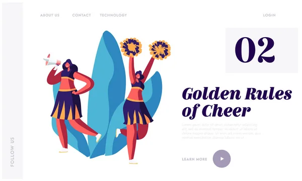 Student Girls in Cheerleaders Uniform Dancing with Pompons and Crying to Megaphone on Sport Event Competition Support Sportsmen Website Landing Page, Web Page. Cartoon Flat Vector Illustration, Banner — Stock Illustration Student Girls in Cheerleaders Uniform Dancing with Pompons and Crying to Megaphone on Sport Event Competition Support Sportsmen Website Landing Page, Web Page. Cartoon Flat Vector Illustration, Banner Royalty Free Stock Illustrations