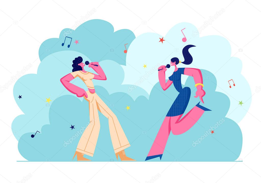 Happy Female Characters Cheerfully Singing Songs in Karaoke Bar, Young Girls Company with Microphones Performing on Party. Happy Life Moments, Weekend Leisure Hobby. Cartoon Flat Vector Illustration