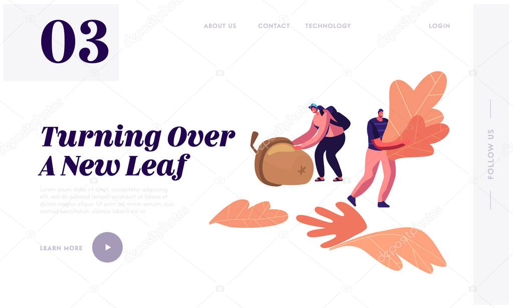 People Characters Pick Up Fallen Yellow Leaves and Acorns Spending Time Outdoors in Autumn Season, Fall Outdoor Leisure. Website Landing Page, Web Page. Cartoon Flat Vector Illustration, Banner