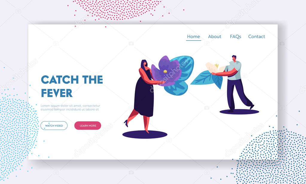 Perfume Website Landing Page, Perfumer Characters Holding Ingredients for Creating New Perfume Composition Violet Flower and Lotus Blossom, Perfumery Web Page. Cartoon Flat Vector Illustration, Banner