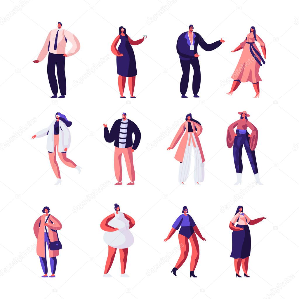 Fashion Designers and Models Set. Haute Couture Clothing and Runway. Girls Demonstrating Trendy Clothing Stand in Raw on Scene or on Catwalk, Fashion Show Event. Cartoon Flat Vector Illustration