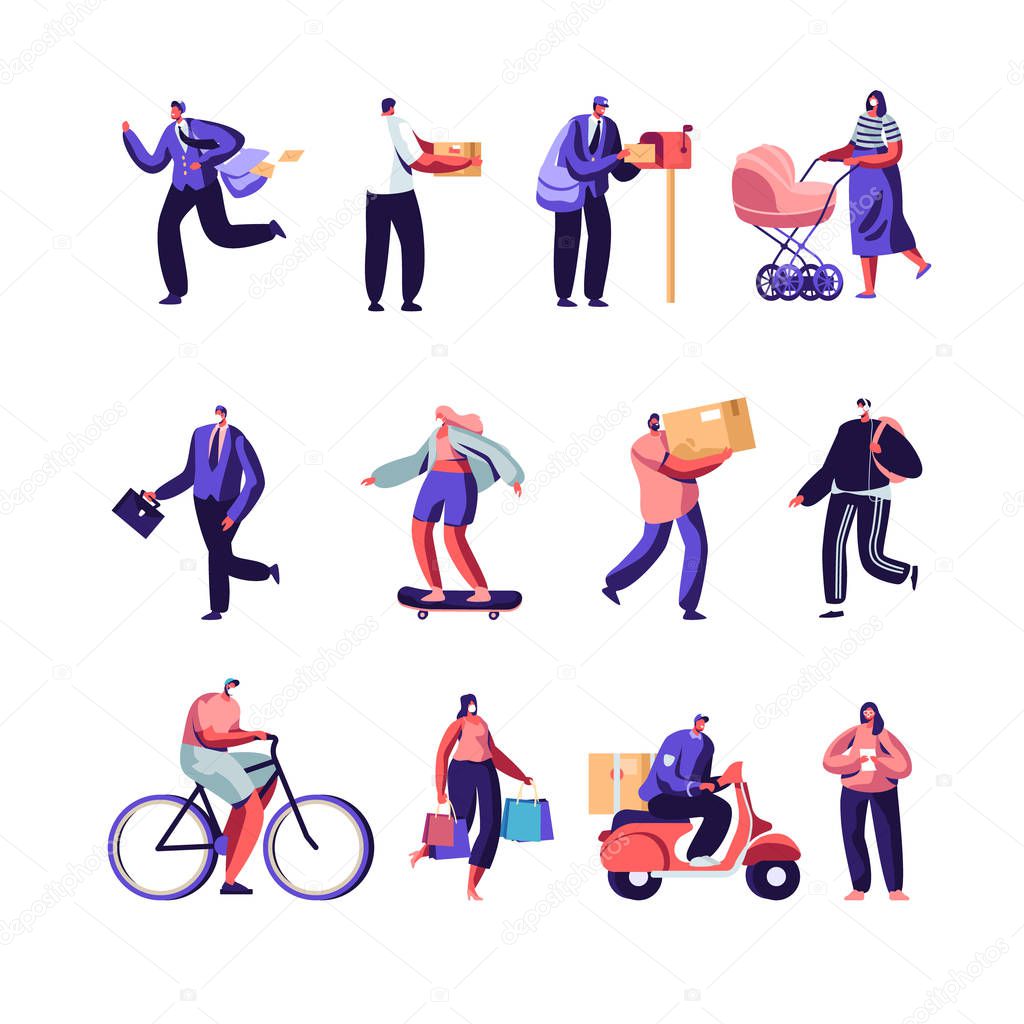 Post Office Workers Shipping Parcels and Mail, People in Polluted City Wearing Face Masks Set. Post Express Delivery Service, Air Pollution, Industrial Smog, Emission. Cartoon Flat Vector Illustration