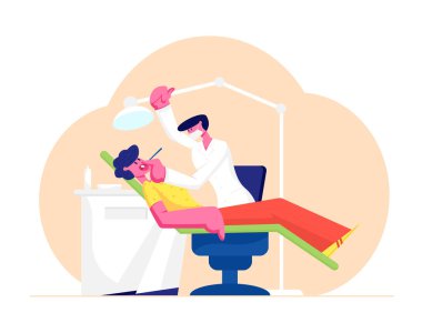 Stomatoloji Dolabı'nda Tıbbi Sandalyede Yatan Adam. Doktor Hasta Sağlığı, Tıbbi Check Up Tedavi. Karikatür Düz Vektör İllüstrasyon Afiş