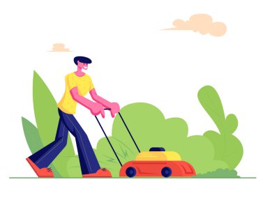 Man Bahçıvan Çim Biçme Makinesi ile Yeşil Çim Kesme, Çiftçi Biçme Bahçe Backyard, Bahçe İş, Hizmet, Ev Etkinliği. Karikatür Düz Vektör İllüstrasyon, Afiş
