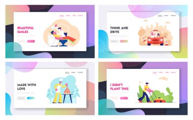 Meslekler Web Sitesi Açılış Sayfa Seti, Araba Sürüş Eğitmeni Teach Learner, Şekerleme Şenlikli Kek, Çim Biçme Makinesi, Klinik Web Sayfasında Diş Hekimi Heal Hasta olun. Karikatür Düz Vektör İllüstrasyon Afiş