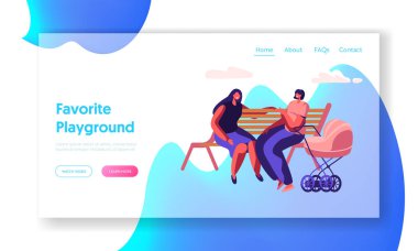 Mutlu Kadınlar Bench Açık ve Sohbet, Toplantı Arkadaşlar Lifestyle, Annelik, Ebeveynlik, Web Sitesi Açılış Sayfası, Web Sayfası oturan Birlikte Zaman harcamak. Karikatür Düz Vektör İllüstrasyon, Afiş