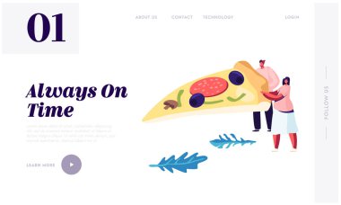 Erkek ve Kadın Karakter Tiny Çift Zeytin, Mantar ve Sosis, Pizza, Bistro Gıda Web Sitesi Açılış Sayfası, Web Sayfası ile Pizza Büyük Piece tutun. Karikatür Düz Vektör İllüstrasyon, Afiş