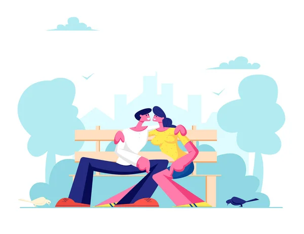 Relaciones románticas, amor. Joven pareja amorosa abrazándose en el banco en City Park. Vacaciones de verano. Aire libre Tiempo libre, Ocio. Ilustración plana del vector de la historieta, bandera — Archivo Imágenes Vectoriales