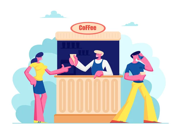 Junge Frau kauft Kaffee in Stand auf der Straße. Sommer-Café mit Getränken, Mädchen kaufen Heißgetränke im Freien Cafeteria, Freizeit, Spaziergang, Freizeit, Verkäufer dienen Kunden Cartoon flache Vektor Illustration — Stockvektor