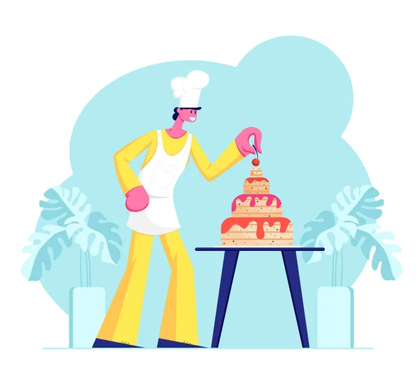 ユニフォームとキャップクックお祝いケーキクリームとベリーで飾るベーカリーシェフのキャラクター。誕生日や結婚式のためのデザート。漫画フラットベクトルイラスト、バナー — ストックベクタ