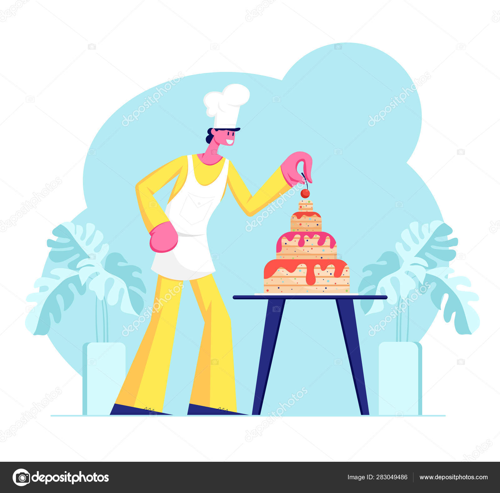 Bakery Chef Character in Uniform and Cap Cook Festive Cake Decorating with  Cream and Berries. Dessert for Birthday or Wedding. Cartoon Flat Vector  Illustration, Banner Stock Vector Image by ©vectorlab #283049486