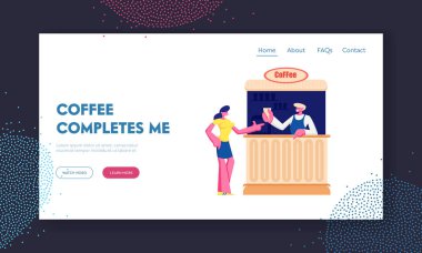 Sokaktaki Booth'ta Kahve Alan Kadın. İçecekli Yaz Cafe, Açık Hava Kafeteryasında Sıcak İçecekler, Satıcı Hizmet Müşteri Web Sitesi Açılış Sayfası, Web Sayfası. Karikatür Düz Vektör İllüstrasyon, Afiş