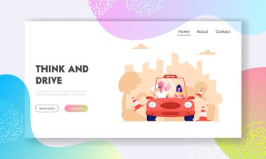 Sürüş Okulu Web Sitesi Açılış Sayfası, Korkmuş Eğitmen ile Öğrenci Sürüş Araba. Öğrenci Sürücü Kız Çalışma Sürücü Otomobil Bumping Yol İşaretleri, Web Sayfası. Karikatür Düz Vektör İllüstrasyon, Afiş