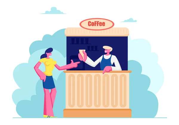 Young Woman Buying Coffee in Booth on Street. Summer Cafe with Drinks, Girl Buy Hot Beverages in Outdoor Cafeteria, Leisure, Walk, Spare Time, Salesman Serve Customer Cartoon Flat Vector Illustration