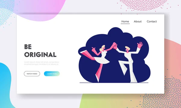 Ballet website landing page, balletdansers in witte kleren dansen op het podium. Vrouw in Pointe schoenen en Tutu rok, kunstenaar voorbereiden voor dans show webpagina. Cartoon platte vector illustratie, banner — Stockvector