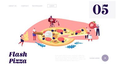 Pizzeria Bistro Web Sitesi Açılış Sayfası, Tiny İnsanlar Büyük Pizza Yeme, Bıçak ile Cut, Ketçap ve Peynir koyun, İtalyan Gıda. Fast Food, Cafe, Ziyaretçiler, Web Sayfası. Karikatür Düz Vektör İllüstrasyon, Afiş
