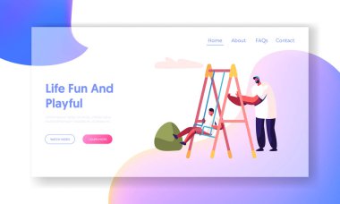 Baba Salıncak Çocuk Salıncak Park veya Oyun Alanı. Mutlu Aile Eğlenmek, Baba ve Oğlu Bahçede Yürürken, Birlikte Zaman Geçirin Web Sitesi Açılış Sayfası, Web Sayfası. Karikatür Düz Vektör İllüstrasyon, Afiş