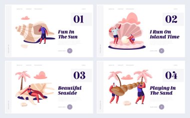 Yaz Tatil Web Sitesi Açılış Sayfa Seti, Mutlu Turistler, Erkek ve Kadın Karakterler Palms ve Seashells, Web Sayfası ile Egzotik Adası Sandy Beach Rahatlatıcı. Karikatür Düz Vektör İllüstrasyon, Afiş