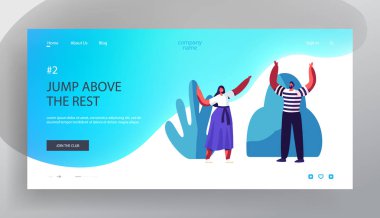 Mutlu İnsanlar Zevk Yaz Saati Web Sitesi Açılış Sayfası, Eller Kadar Tezahürat ve Gülümseyerek Erkek ve Kadın Karakterler, City Park Web Sayfasında Vakit Harcama. Karikatür Düz Vektör İllüstrasyon, Afiş