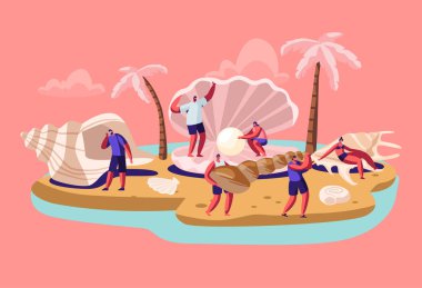 Mutlu Turistler Erkek ve Kadın Palm Ağaçları ile Tropikal Ada Beach Güzel İnci ile Büyük Seashell standı. Yaz Tatili, Tatil, Gezi, Macera Karikatür Düz Vektör İllüstrasyon