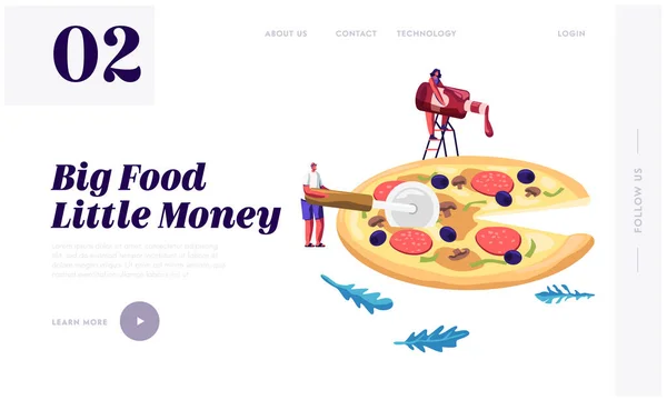 Pizzeria Strona docelowa strony, Tiny ludzie jedzą ogromną pizzę. Męskie i żeńskie postacie spróbuj smaczne włoskie jedzenie. Fast food, kawiarnia, Bistro Strona internetowa odwiedzających. Kreskówka płaski wektor ilustracja, banner — Wektor stockowy