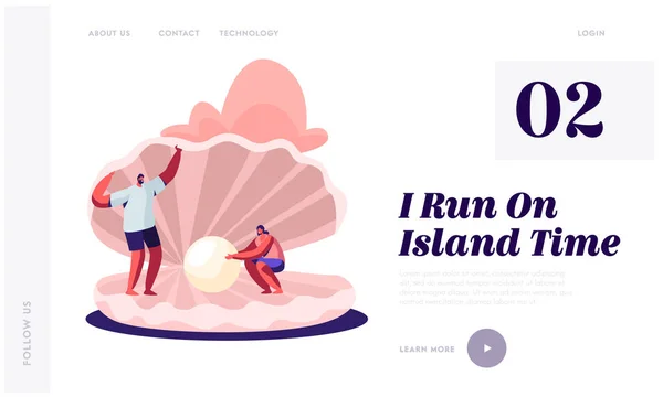 Summer Vacation, Holidays, Trip, Website Landing Page, Happy Couple of Tourists Man and Woman Stand at Huge Seashell with Beautiful Pearl, Adventure Web Page. Cartoon Flat Vector Illustration, Banner