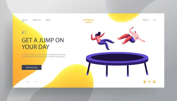 Happy Couple Jumping on Trampoline Website Landing Page, Gimnasio, Estudio, Atracción, Ocio, Deportes Acrobacia Entrenamiento, Entretenimiento Citas Página Web Dibujos Animados Vector plano Ilustración, Banner — Archivo Imágenes Vectoriales