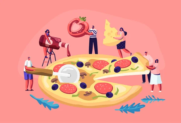 Крошечные людишки едят огромную пиццу. Мужчины и женщины вырезать с ножом, положить Кетчуп и сыр, взять кусок вкусной итальянской еды. Фаст-фуд, кафе, рестораны. Мультипликационный вектор — стоковый вектор