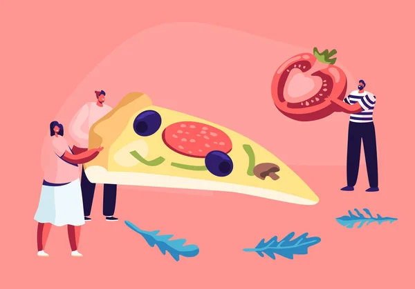 Maličké dvojice mužských a ženských postav mají obrovský kus pizzy s olivami, houbami a klobásou, muž v proužkované vestě přinést rajče, pizzerii, bistro a italské jídlo kreslené ploché vektorové ilustrace — Stockový vektor