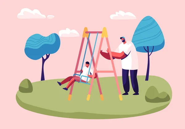 Father Swinging Child on Swing in Park or Playground. Happy Family Having Fun, Dad and Son Walking in Yard, Spend Time Together Outdoors in Summer Time, Vacation. Cartoon Flat Vector Illustration — Stock Vector