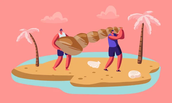 Paar mannelijke toeristische personages dragen enorme zeeschelp op Sandy tropisch strand. Mensen ontspannen op zomer vakantie, tropisch resort, reis. Zomeractiviteit aan zee. Cartoon platte vector illustratie — Stockvector