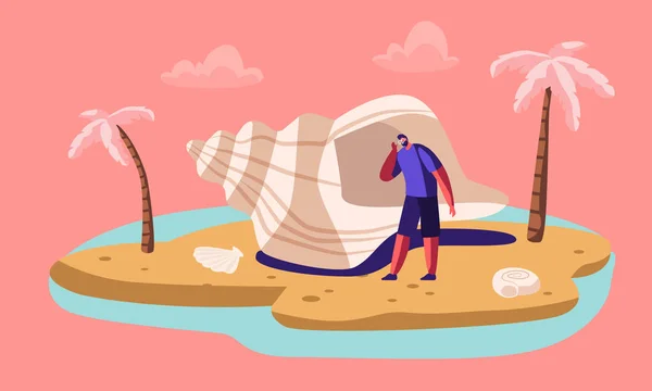 Man Listening Sea with Huge Seashell at Exotic Island Beach with Palm Trees (en inglés). Hombre carácter turista en el día soleado en la playa soporte en la caracola grande escuchar Ocean Waves Sound Cartoon Flat Vector Illustration — Vector de stock