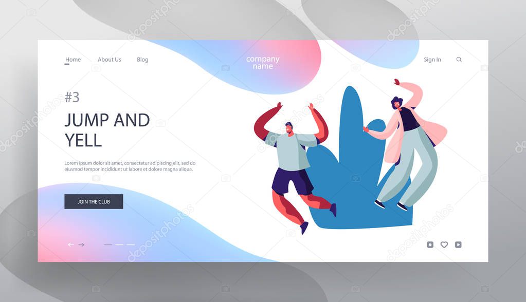 Happy People Enjoying Summer Time Website Landing Page, Male and Female Characters Jumping with Hands Up Cheering and Smiling, Spending Time Outdoors Web Page. Cartoon Flat Vector Illustration, Banner